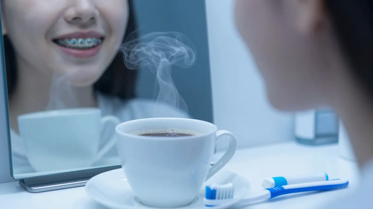 Káva a zrcadlo odrazují šedivě zbarvená keramická rovnátka s kartáčkem a pastou vedle.