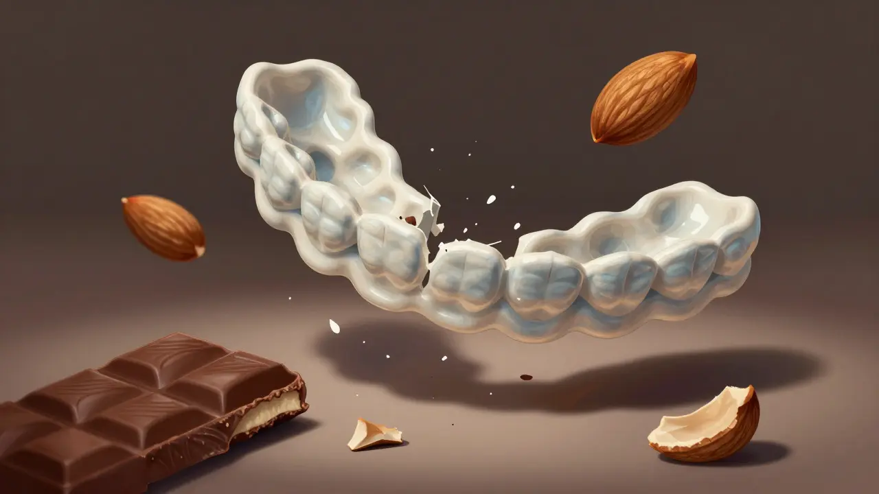 Keramické rovnátko se rozbíjí při žvýkání oříšku, fragmenty létají ve vzduchu s čokoládou.