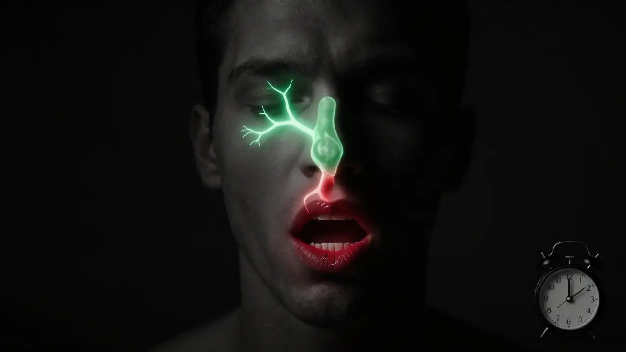 Koncepční obrázek hlavy s porovnáním nosního a ústního dýchání a jeho dopadem na zuby.