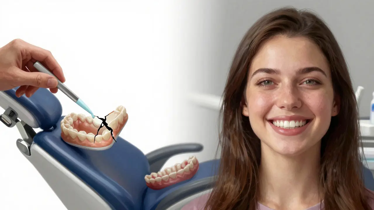 Konceptuální scéna dvou cest péče o fazety: jedna vede k poškození, druhá k přirozenému, udržovanému úsměvu.