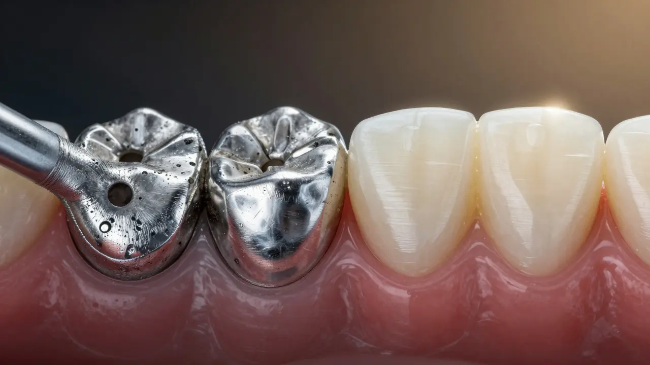 Kontrast mezi starou amalgamovou a novou keramickou výplní.