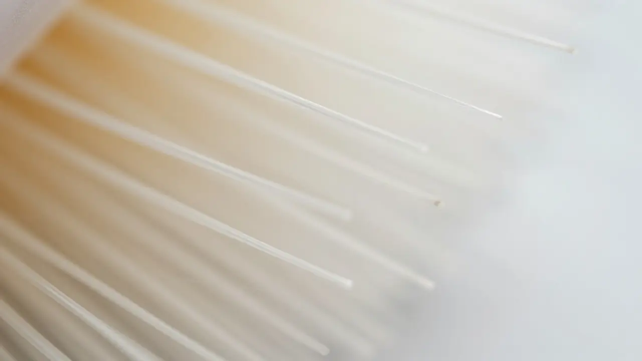 Makro záběr jednotlivých elastických štětin kartáčku.