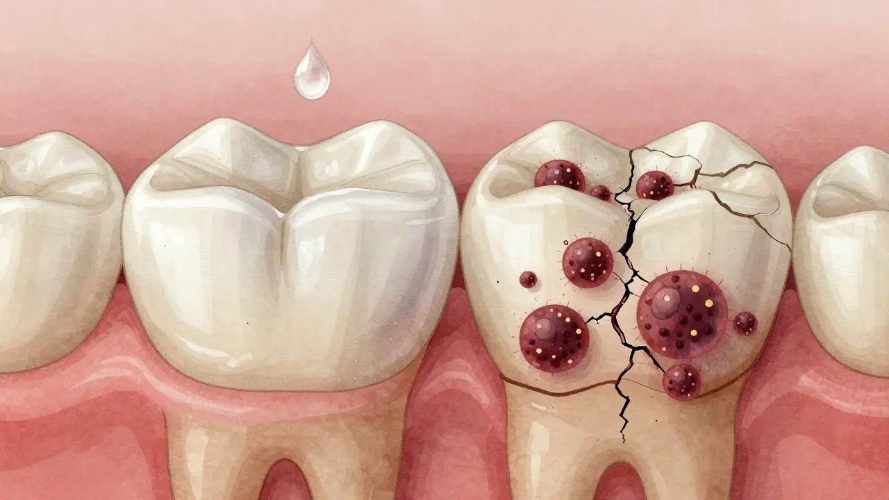 Mezizubní oblast s jednou stranou chráněnou slinami a druhou ničenou bakteriemi.