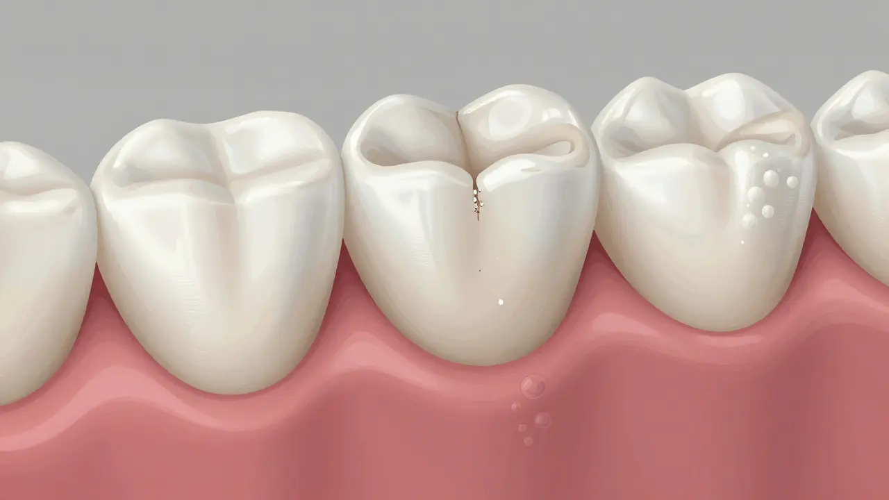 Mikroskopický pohled na neúplnou kompozitní plombu s nárostem plaku u dásně.