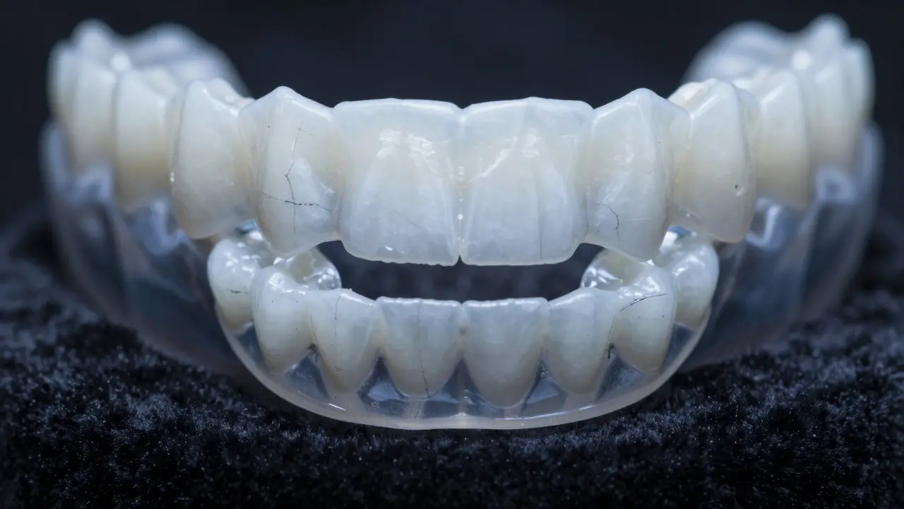 Noční ochranná štítovka s náznaky opotřebení od bruxismu.