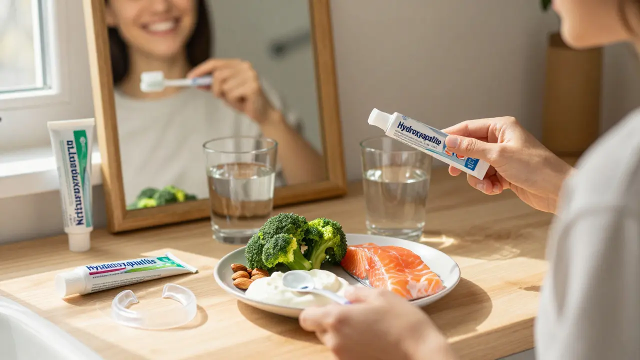 Osoba čistí zuby s potravinami bohatými na vápník a fosfor.