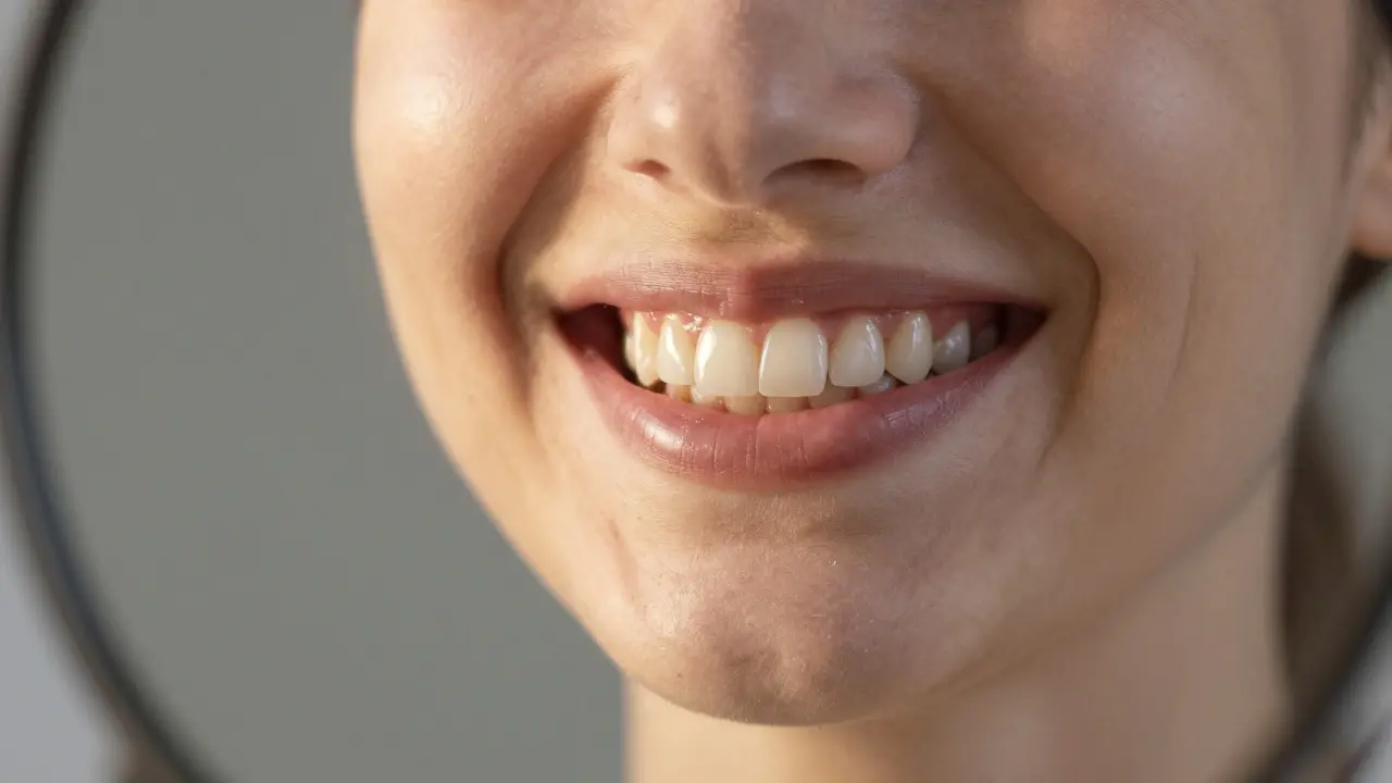 Person smiling in mirror with translucent overlay showing dental transformation