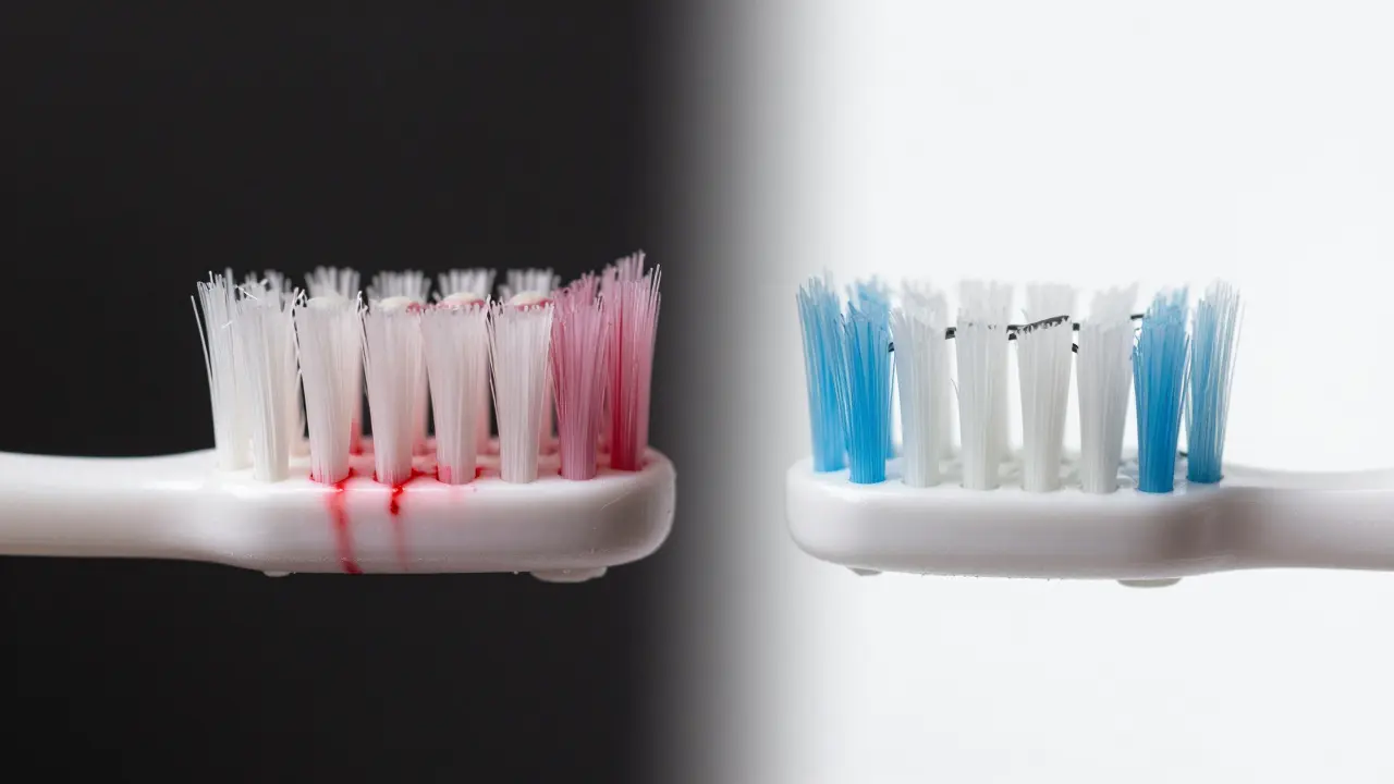 Porovnání běžného a Curaprox kartáčku: jeden poškozuje dásně, druhý jemně čistí kolem ortodontických drátů.