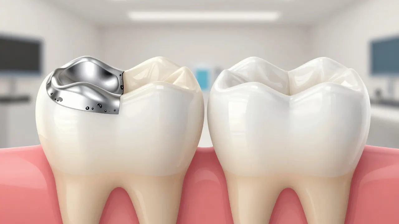 Porovnání staré stříbrné a moderní bílé zubní výplně na zubech.