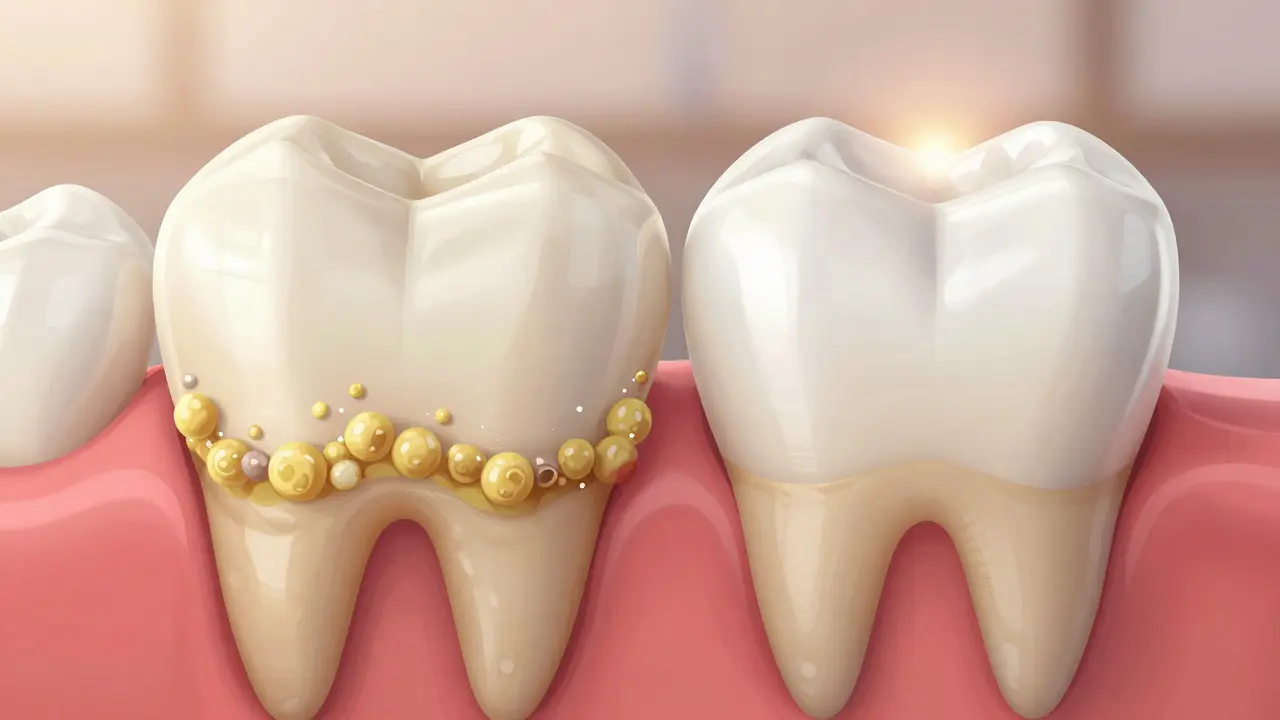 Porovnání zubu s a bez zubního kamene – čistý a zdravý zub po očištění.