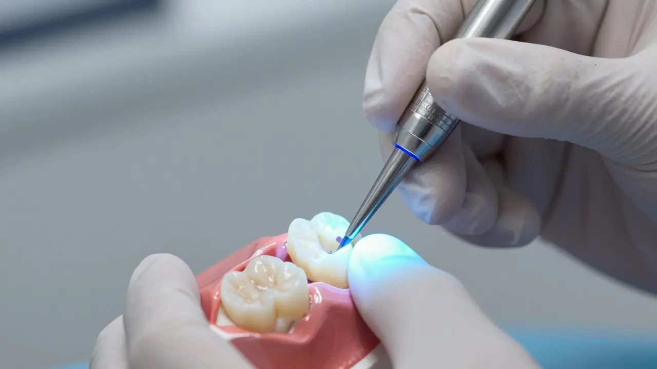 Postup lepení kompozitní výplně na zubní model za světla.