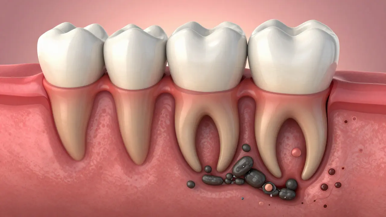 Přehled vývoje zubního kamene pod dásní od zdravé dásně po ztrátu kosti.