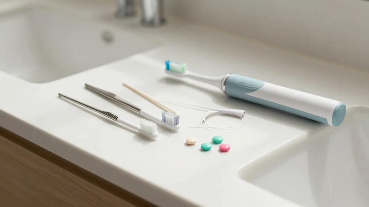 Přehled zubních pomůcek na mramorové koupelnové polici v ranním světle.