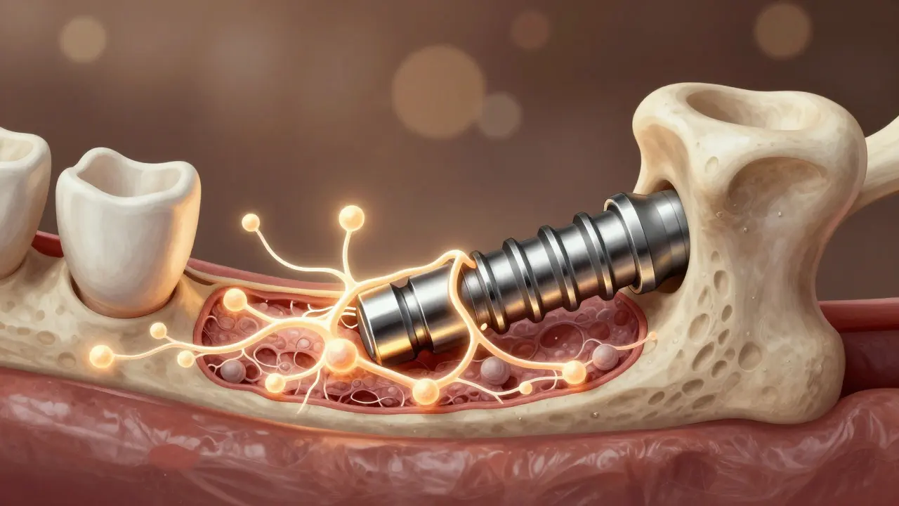 Přirozené spojení titanového implantátu s kostní tkání v čelisti během osteointegrace.