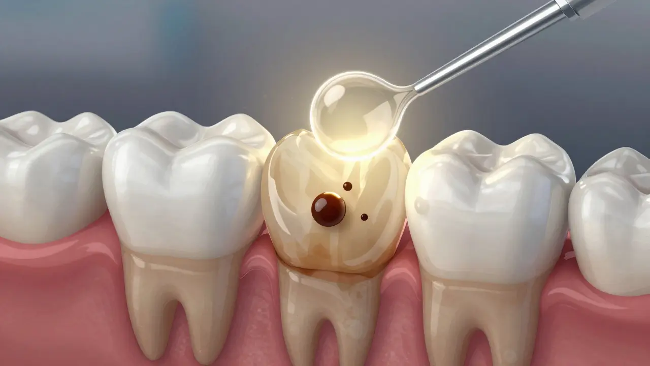 Průřez zubu ukazující, jak bělicí gel odstraňuje skvrny ze skloviny