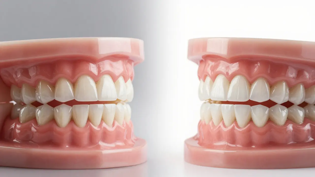 Side-by-side comparison of natural teeth and teeth with porcelain veneers