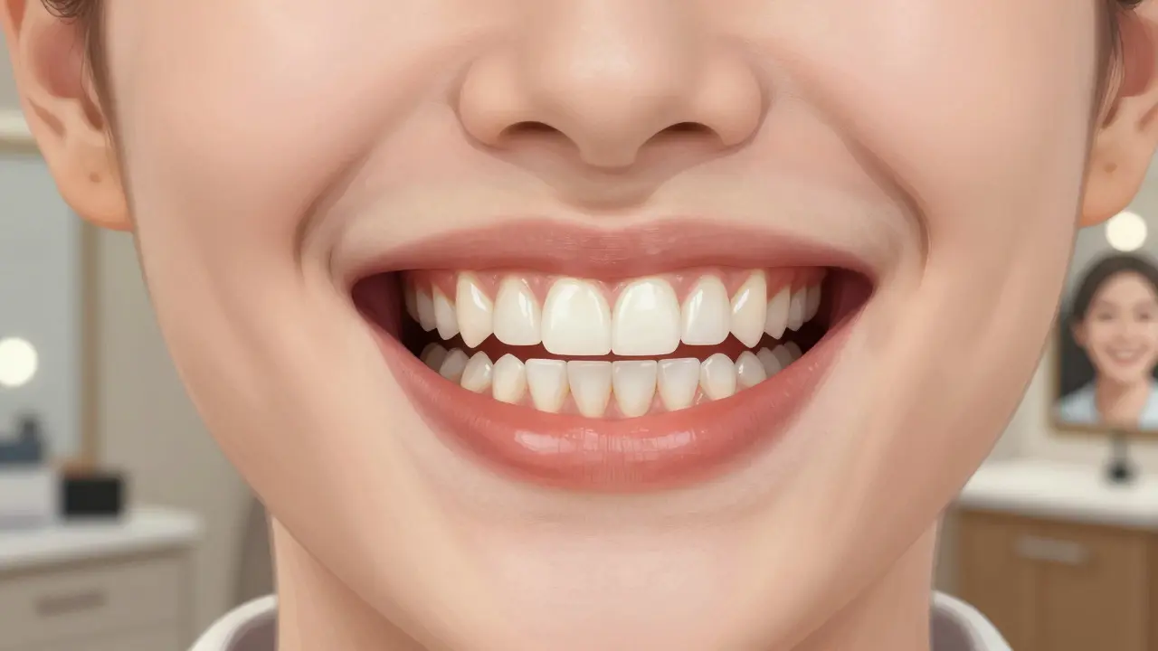 Smile with natural teeth brighter than ceramic veneers, showing a harmonious, balanced aesthetic.