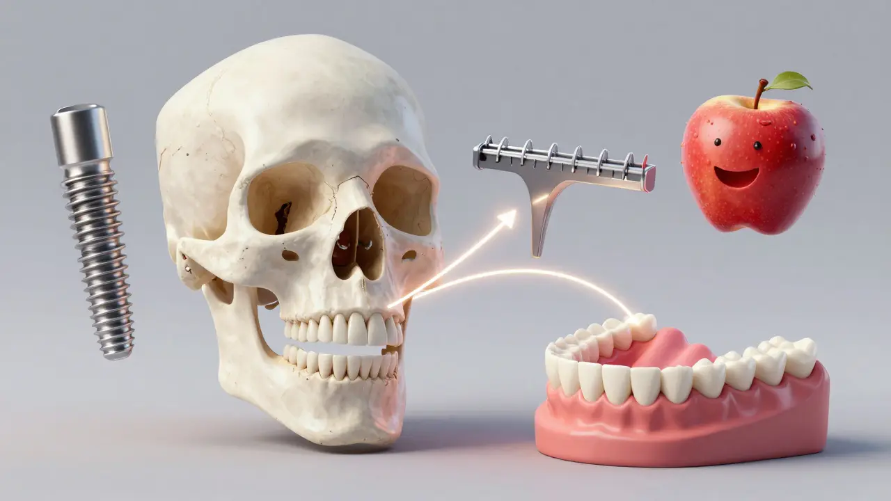 Srovnání zdravé a ztracené čelisti s různými náhradami zubů.