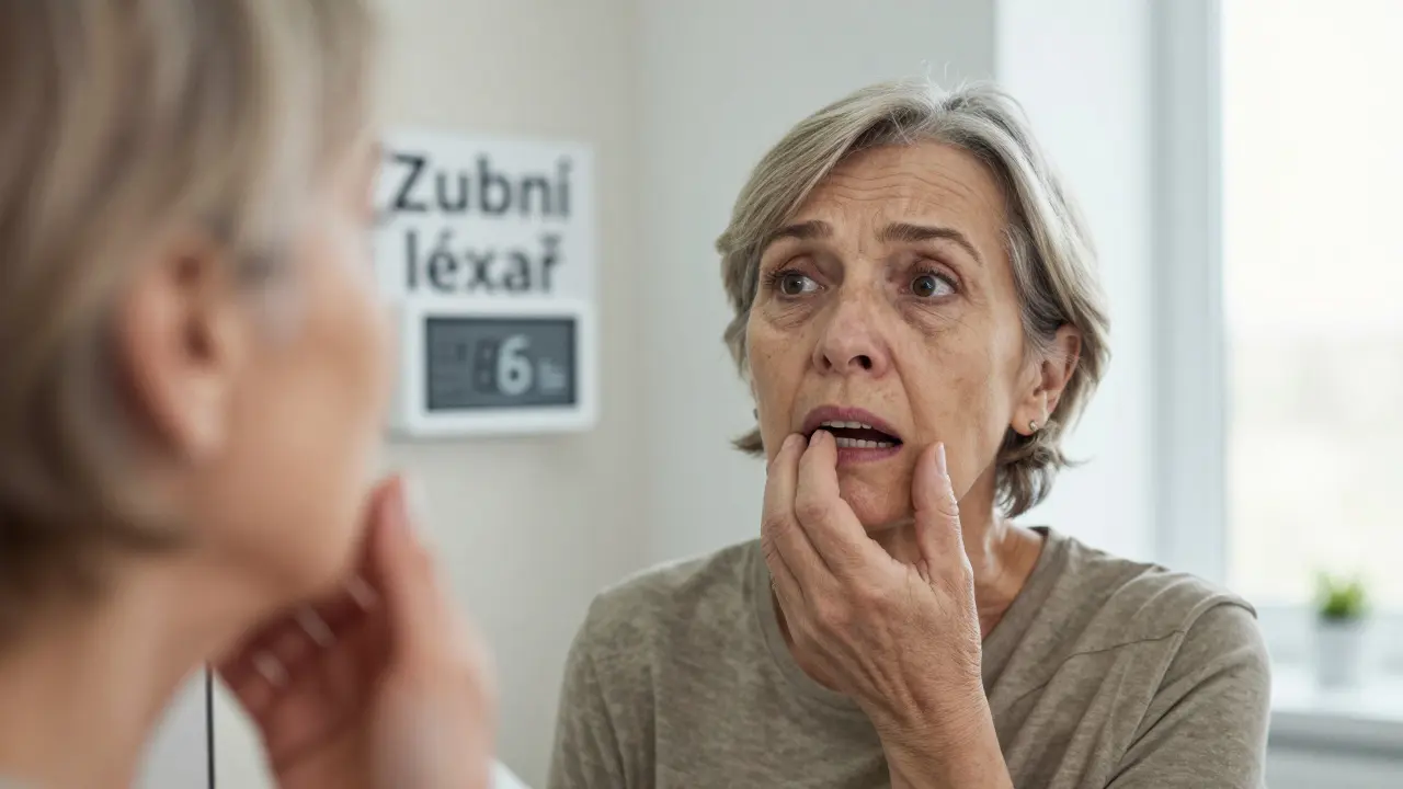 Žena se dívá do zrcadla a dotýká se uvolněného zubu s obavami v očích.