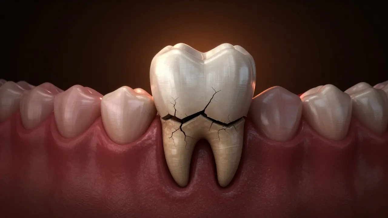 Zub s kamenem pod dásní a odkrývající se kostí, symbolizující parodontitidu.