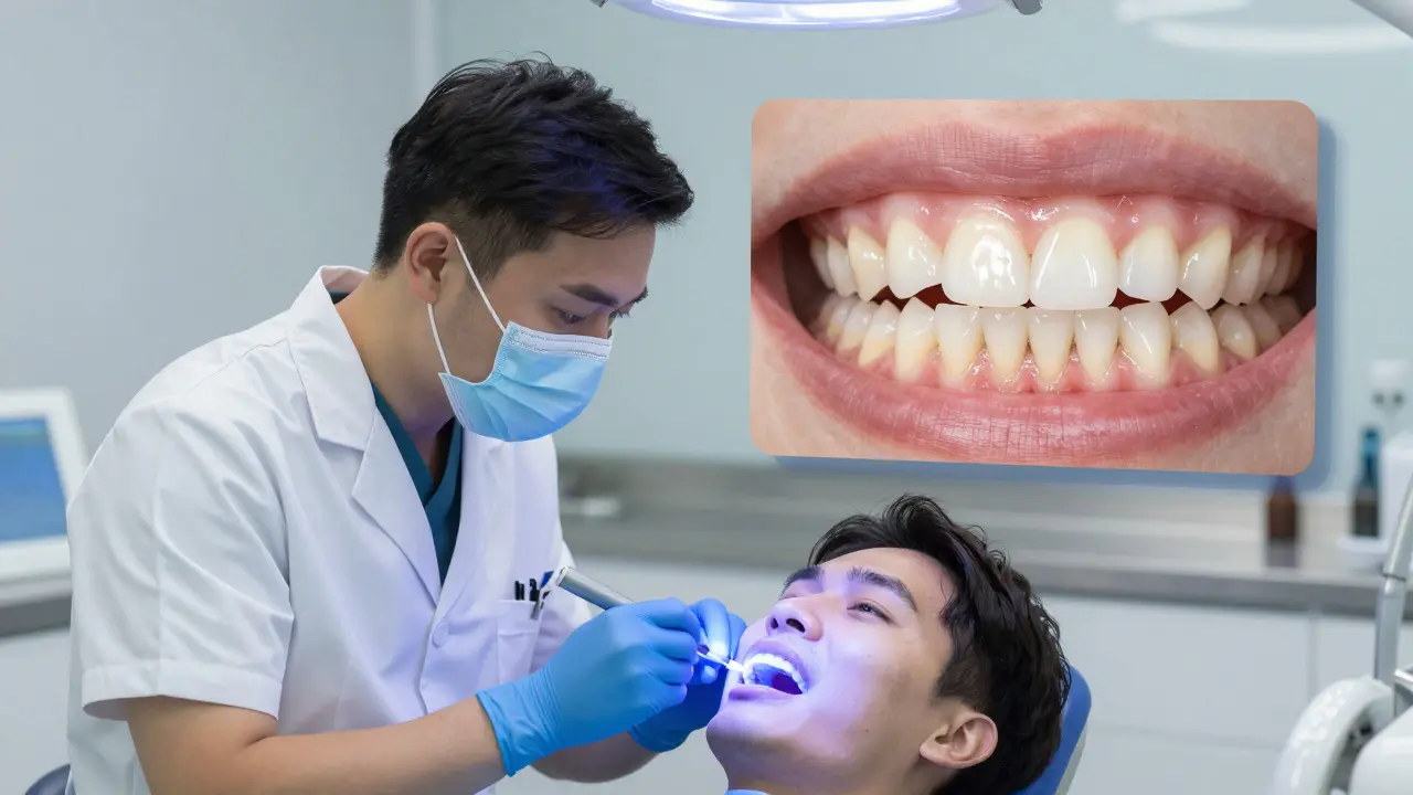 Zubař bílí zuby pacienta pod LED světlem, před a za jsou vidět odlišné odstíny.