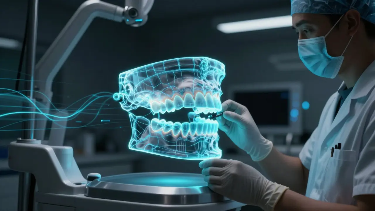 Zubař předkládá digitální holografickou projekci ústní dutiny.