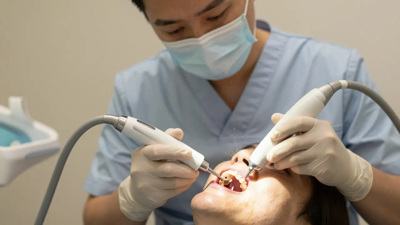 Zubní hygienička odstraňuje zubní kámen ultrazvukovým nástrojem.