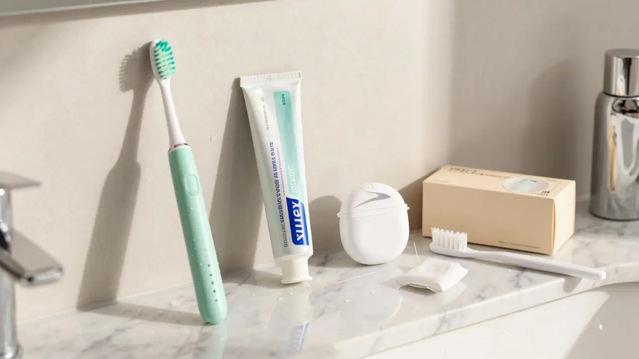 Zubní kartáček a hygienické potřeby na umyvadle