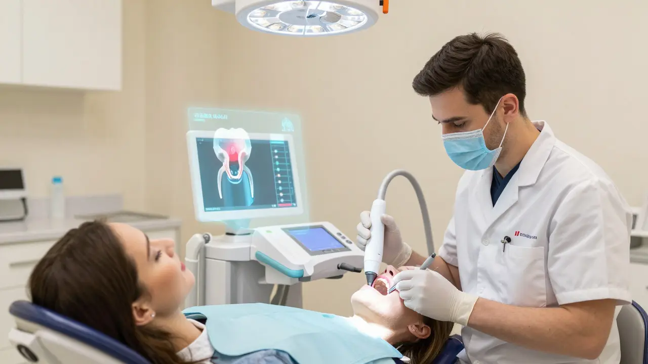 Zubní lékař používá 3D skener pro plánování implantátu.