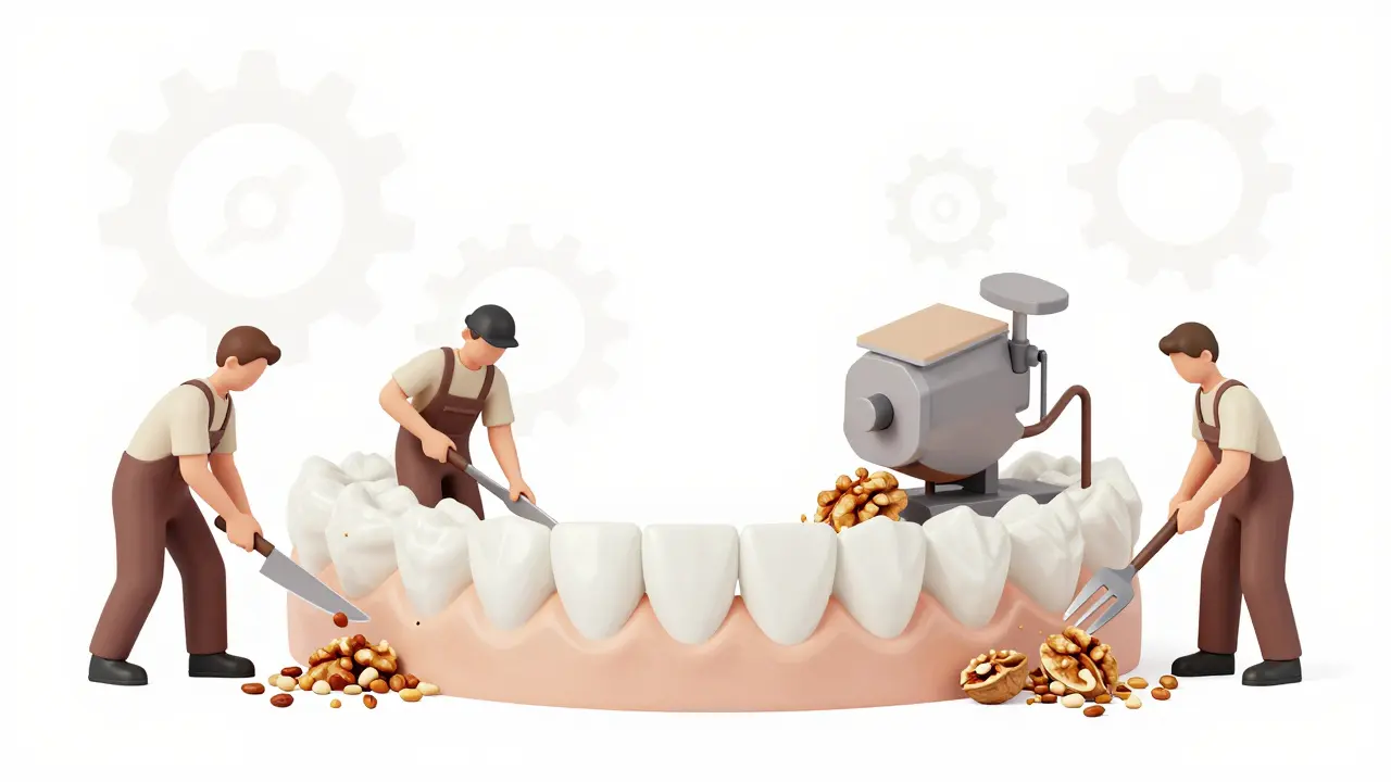 Zuby jako pracovní tým: řezáky jako nože, špičáky jako vidličky, moláry jako mlýnky, vše v minimalistickém stylu.