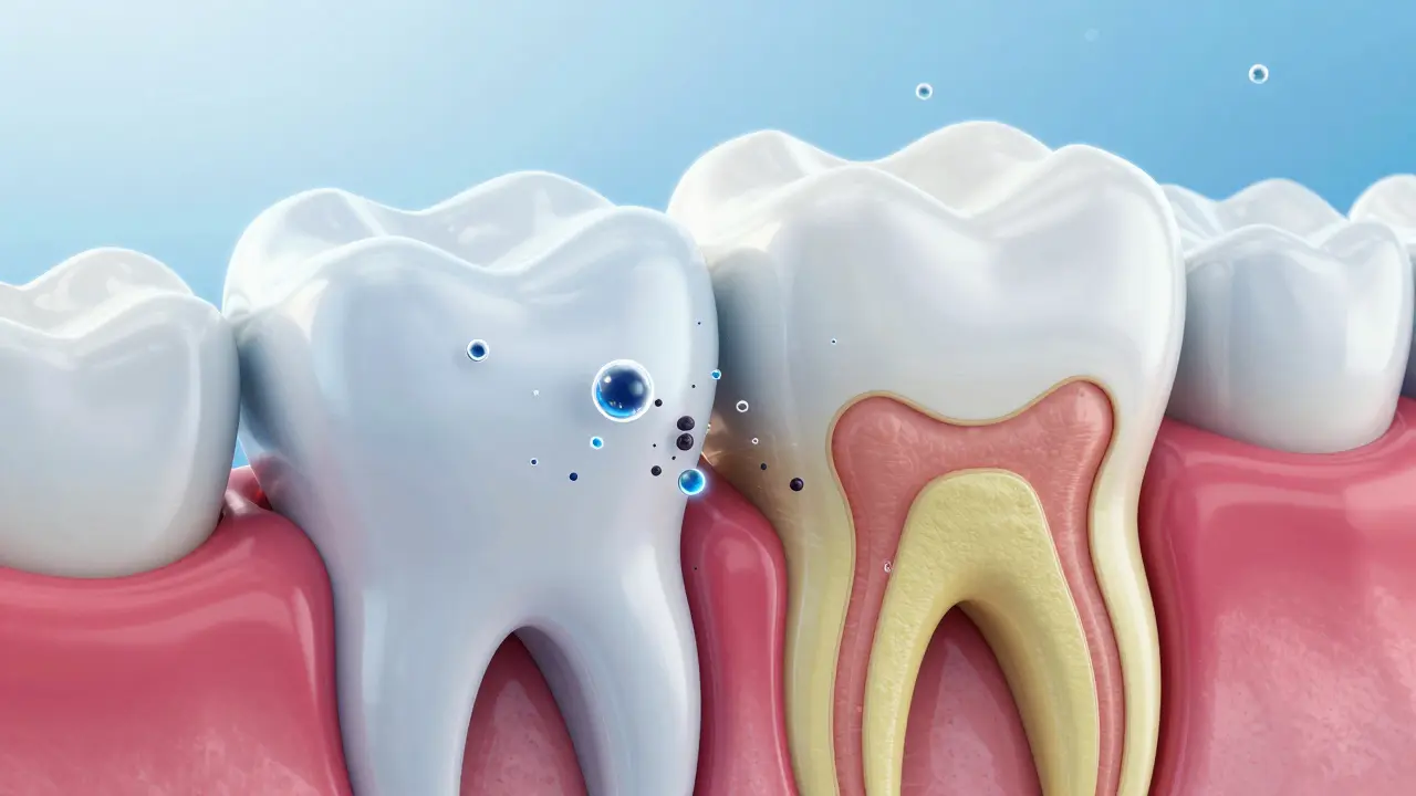 3D ilustrace procesu pronikání kyslíku z bělicího gelu do skloviny zubu.