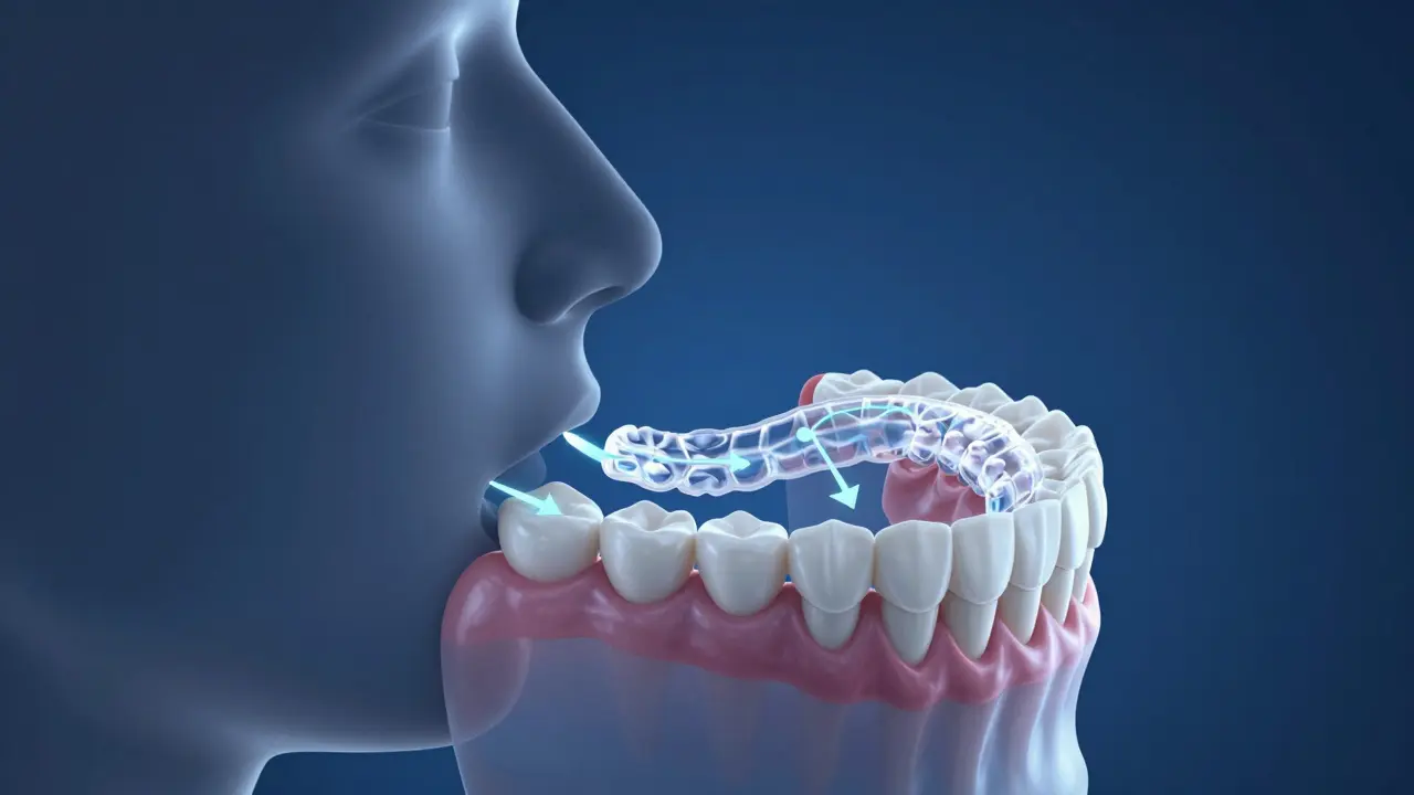 3D ilustrace tlaku ortodontického přístroje na zuby