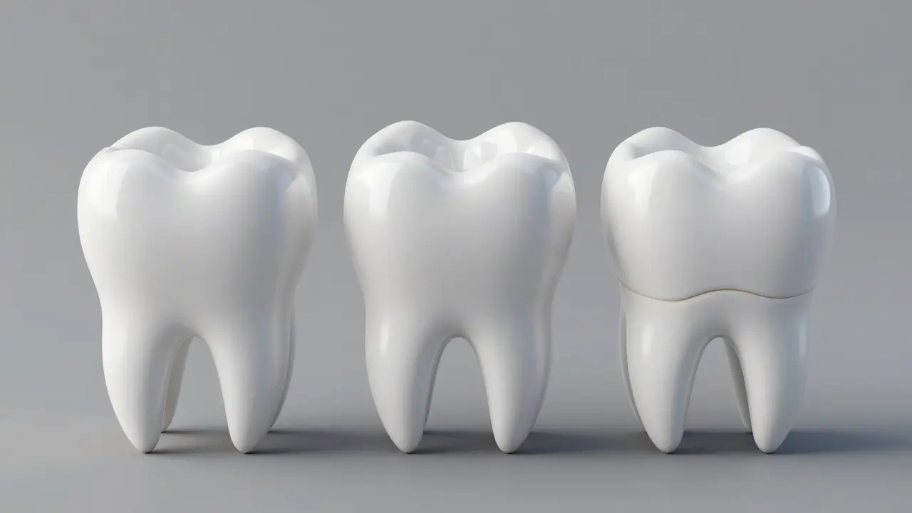 3D model znázornující kompozitní výplň, keramickou korunku a broušení zubu.