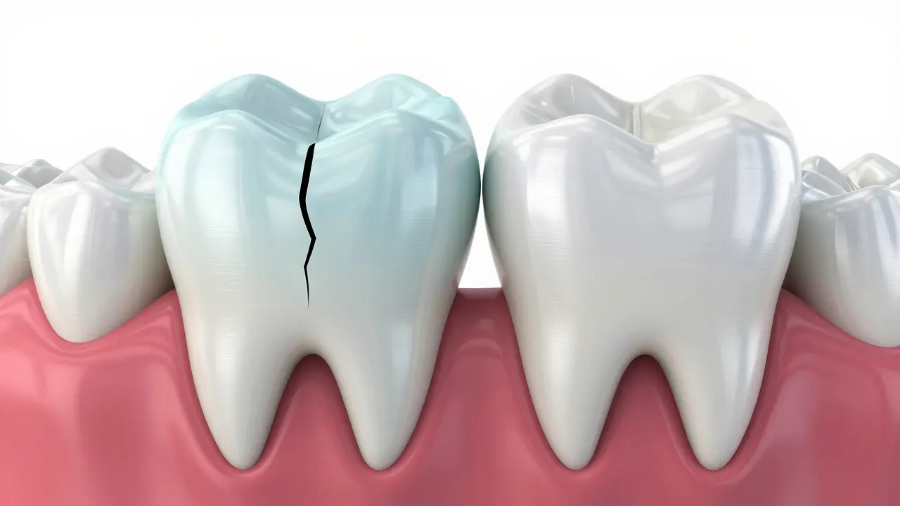 3D render srovnávající prasklý zub a zub chráněný keramickou korunkou.