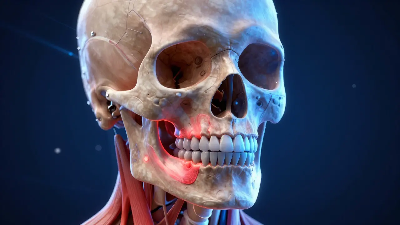 3D vizualizace čelisti znázornující napětí a úlevu v kloubu TMK.