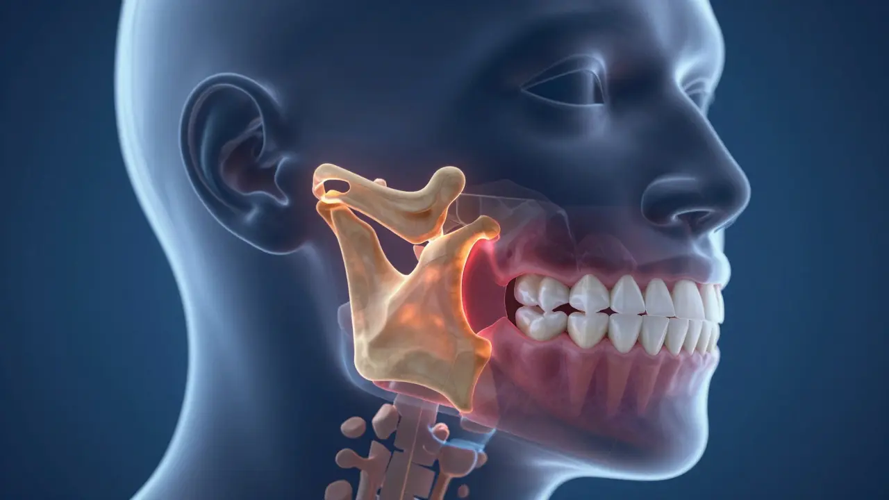 3D vizualizace čelistního kloubu a stísněné čelisti.