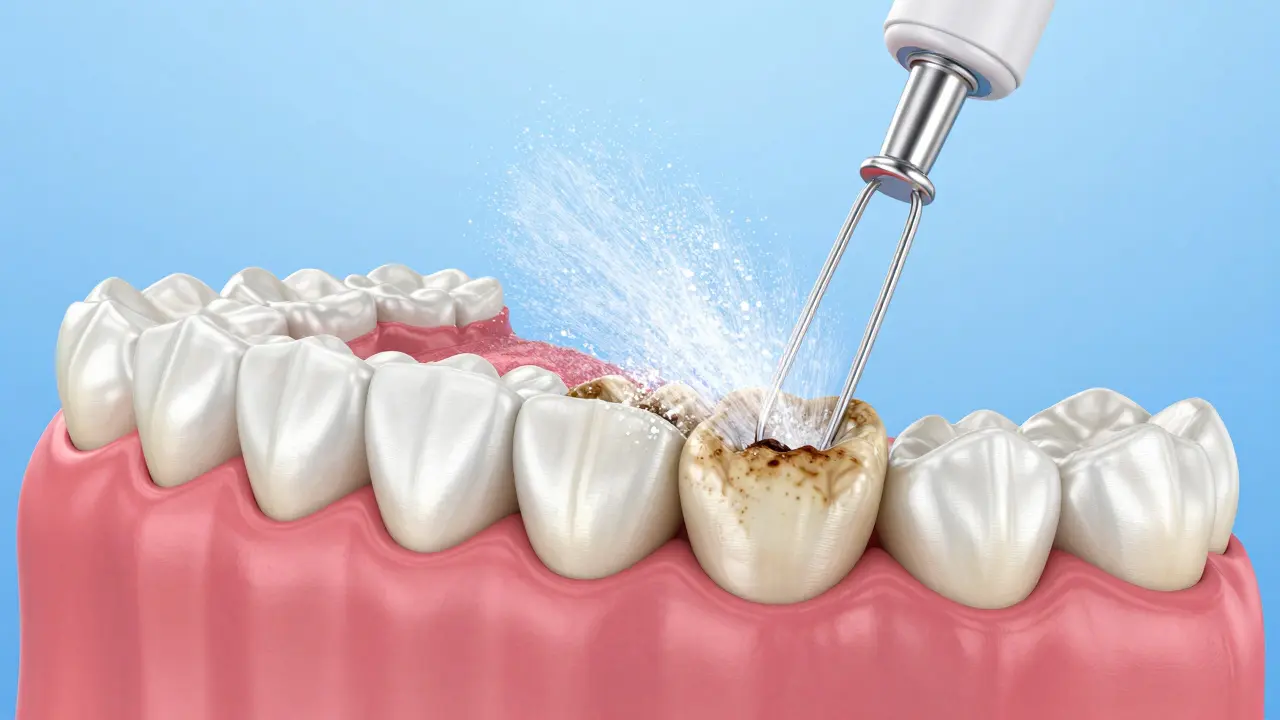 3D vizualizace procesu pískování zubů, kde proud vody a prášku odstraňuje plak.