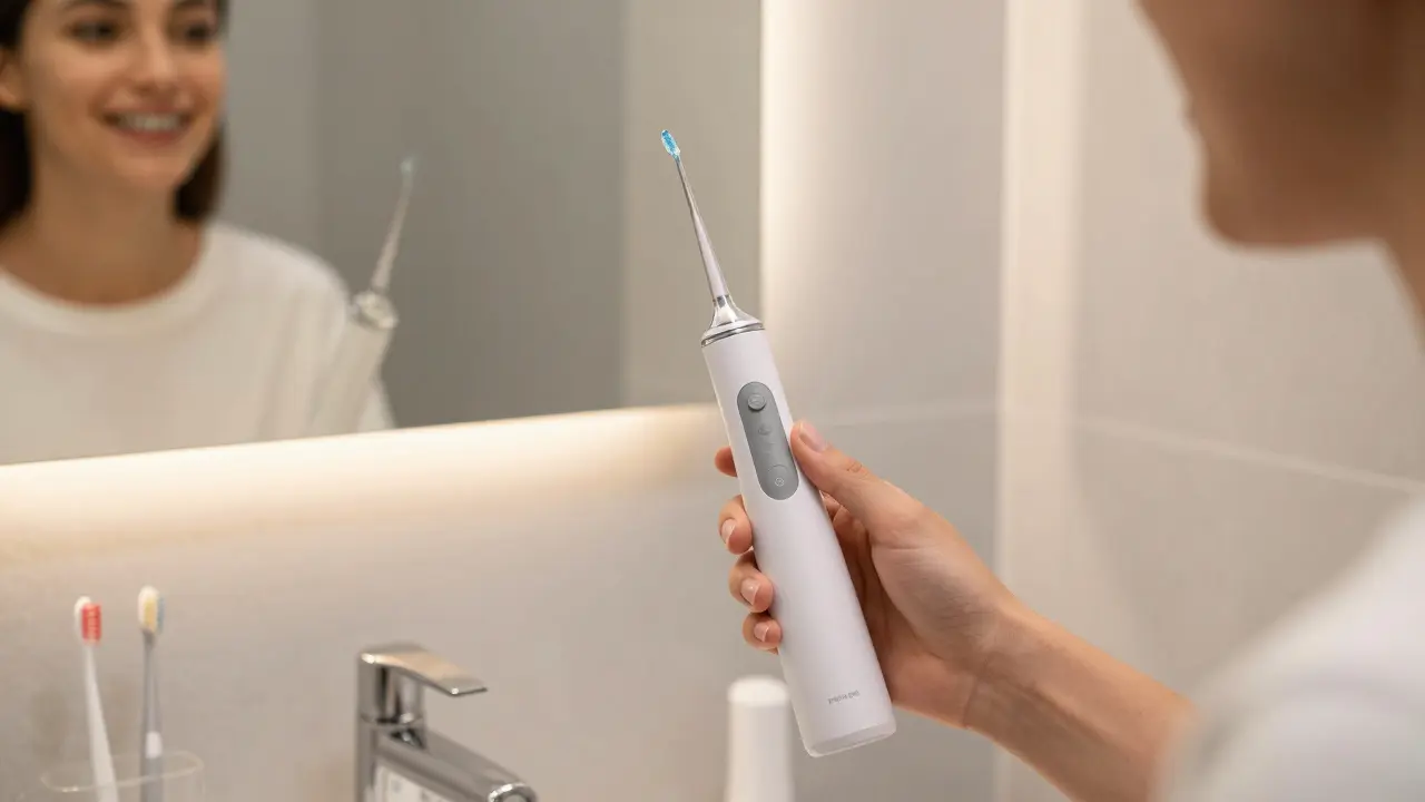 Člověk s fixními rovnátky používající přenosnou ústní sprchu v koupelně.