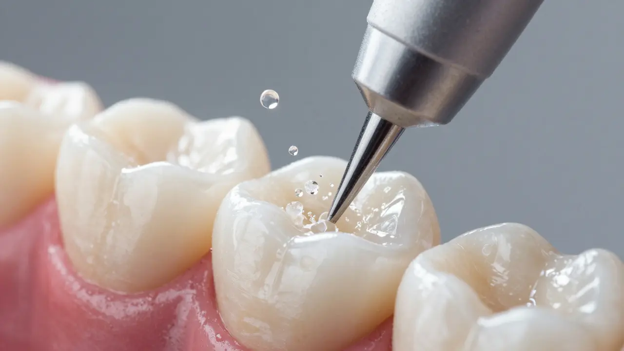 Detailní pohled na odstranění zubního kamene pomocí ultrazvukového přístroje.