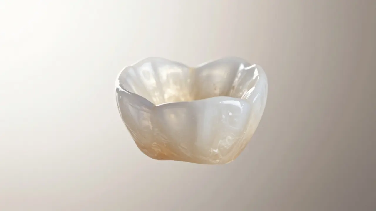 Detailní pohled na průsvitnou keramickou fazetu z lithium-disilikátu.