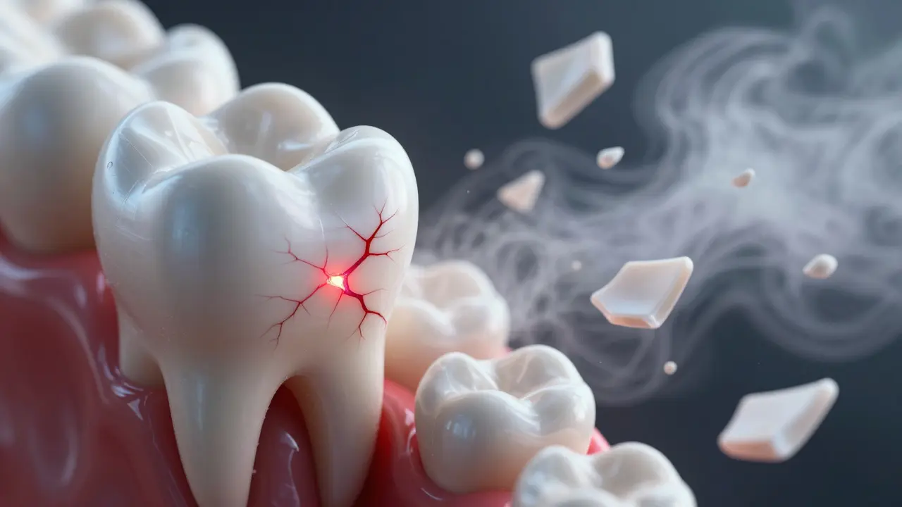 Detailní zobrazení prasklin v zubní sklovině přecházející do snové vizuality rozpadajících se úlomků.