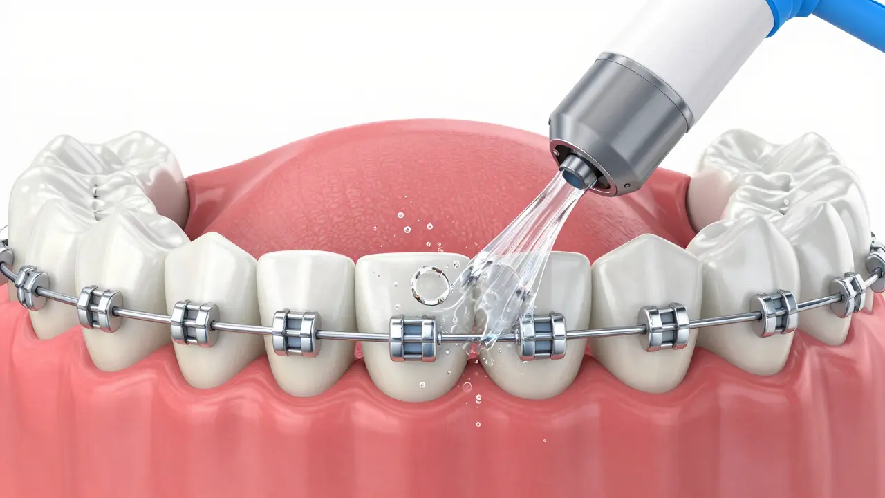 Detailní zobrazení proudu vody z ústní sprchy čistícího fixní rovnátka.