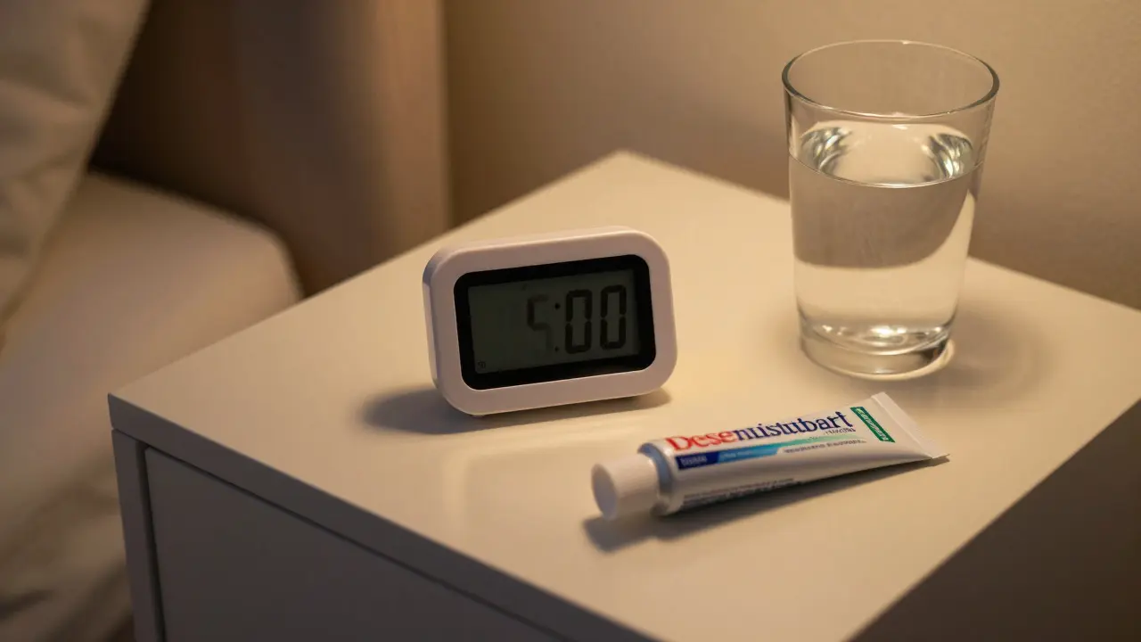 Digitální časovač a desenzitizační pasta na nočním stolku.