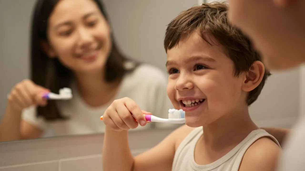 Dítě se rodičem při společném večerním čištění zubů v koupelně.