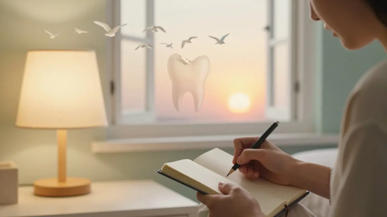 Klidná scéna člověka píšícího do deníku snů s motivem odletujících ptáků symbolizujících úlevu.