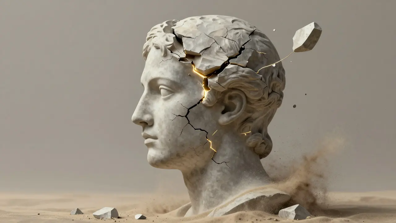 Konceptuální obraz hlavy z praskajícího kamene symbolizující zranitelnost.