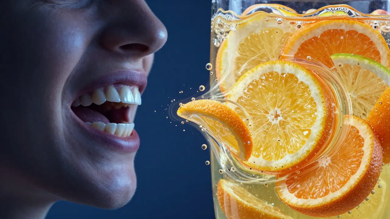 Konceptuální obraz znázorňující bruxismus a vliv kyselých nápojů na zuby.