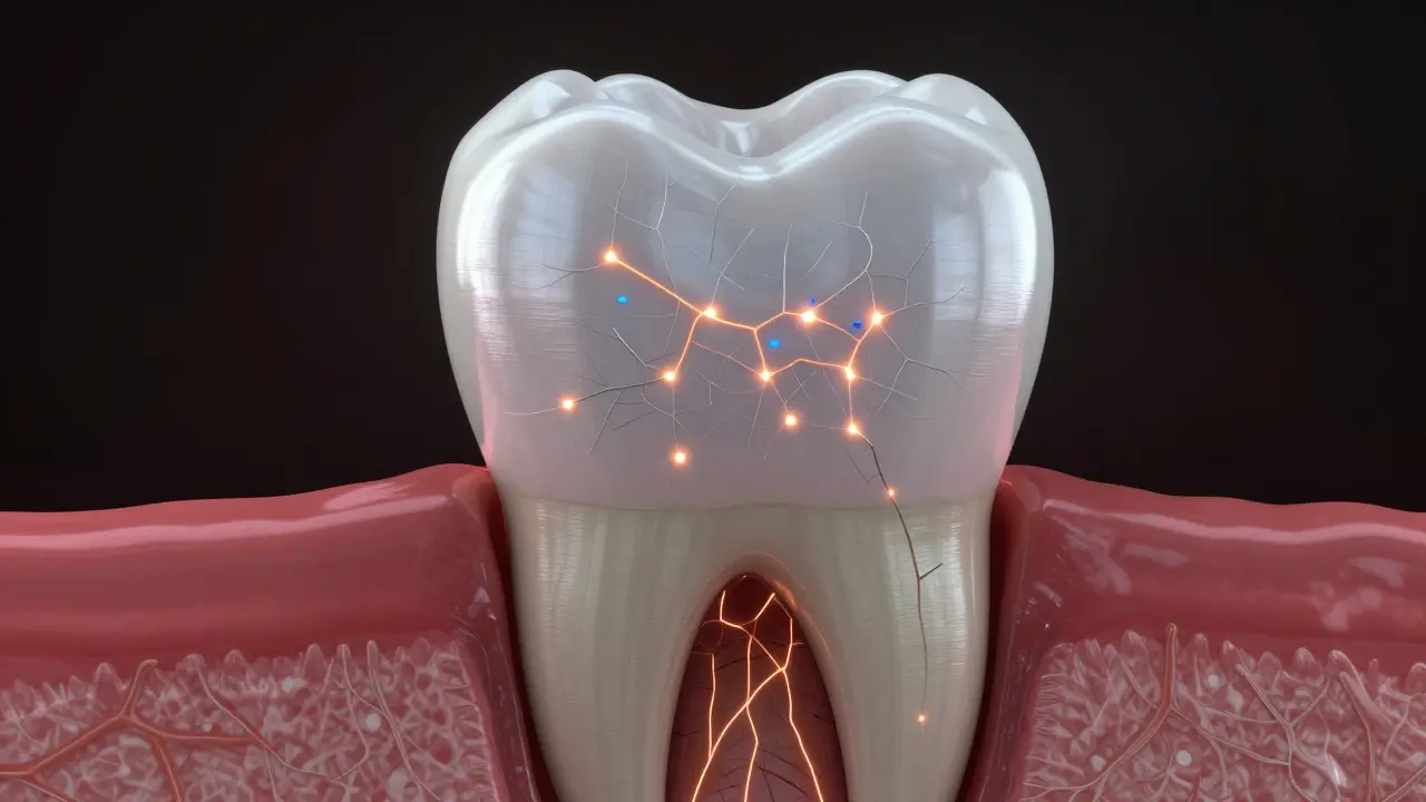 Konceptuální znázornění mikroskopických prasklin v zubní sklovině.