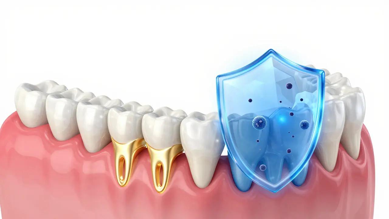 Konceptuální znázornění mléčných zubů a ochranného štítu fluorizace.