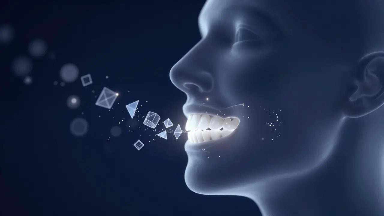 Konceptuální zobrazení procesu obnovy chrupu z poškozeného stavu do dokonalého úsměvu.